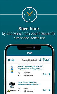 Tall teal rectangle mobile phone screenshot of the Airgas reorder app & Save time headline.