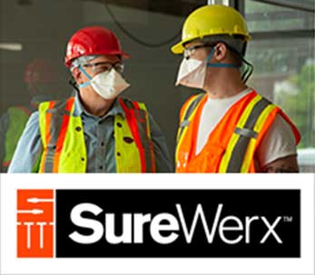 Products and logo Models wearing SureWerx Safety Products and the SureWerx logo displayed on a white background