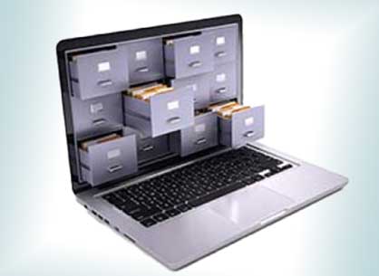 A laptop with filing cabinet drawers protruding from the screen.