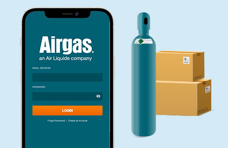 Phone with the Airgas Reorder App on the screen. ALong with an illustration of the Reorder App Trademark graphic