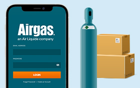 Phone with the Airgas Reorder App on the screen. Along with an illustration of the Reorder App Trademark graphic