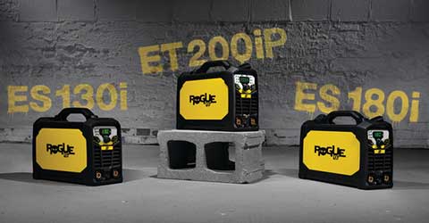 Three ESAB welding machines against a grey brick and concrete background