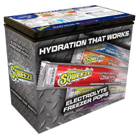 The Sqwincher 7 cu. ft. freezer with images of Sqweeze freezer pops on it that you get for free after buying freezer pops.