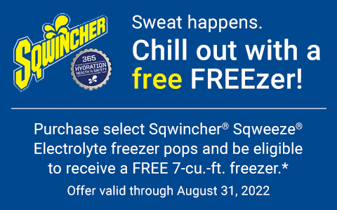 Blue banner with yellow sqwincher logo explaining the free freezer you get from buying Sqweeze freezer pops.