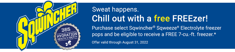 Blue banner with yellow sqwincher logo explaining the free freezer you get from buying Sqweeze freezer pops.