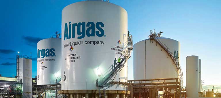 Several on-site bulk tanks, part of an Airgas air separation unit, are an example of the Airgas' multiple supply modes for gases via a robust supply chain and large US footprint.