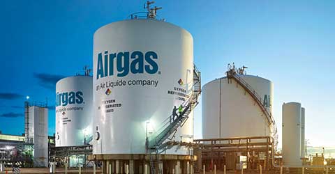 Several on-site bulk tanks, part of an Airgas air separation unit, are an example of the Airgas' multiple supply modes for gases via a robust supply chain and large US footprint.