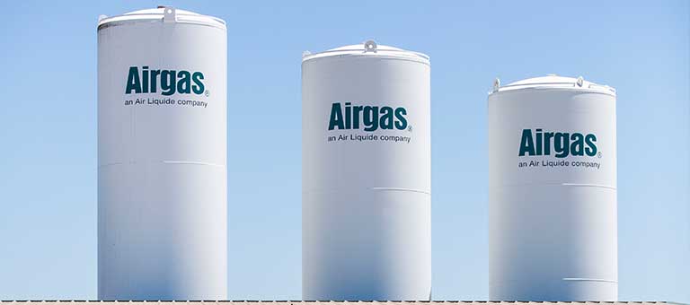 Several on-site bulk tanks, part of an Airgas air separation unit, are an example of the Airgas' multiple supply modes for gases via a robust supply chain and large US footprint.