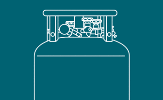 A white line drawing of a liquid cylinder on a teal background