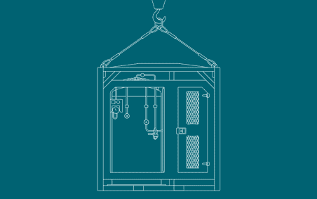 Jobsite Skid Brochure cover line art on a teal background