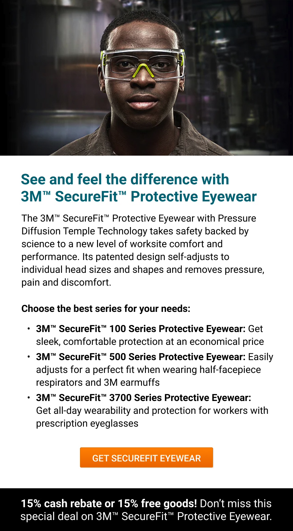 A man wears new 3M SecureFit Protective Eyewear.