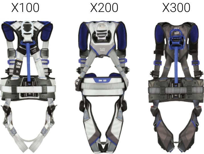 Three safety harnesses from the new 3M DBI-Sala Exofit X Series Safety Harness line: The X100 model, the X200 model and the X300 model.