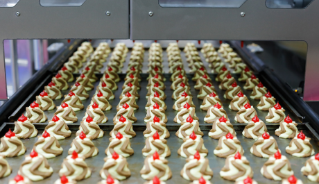 In a production line, a conveyor roll sheet is covered with hundreds of pastry treats.