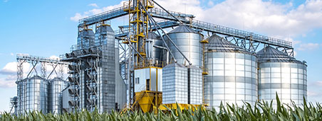 A grouping of grain silos on a farm