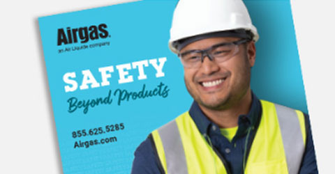 The cover of the Airgas Safety Brochure with a man wearing PPE