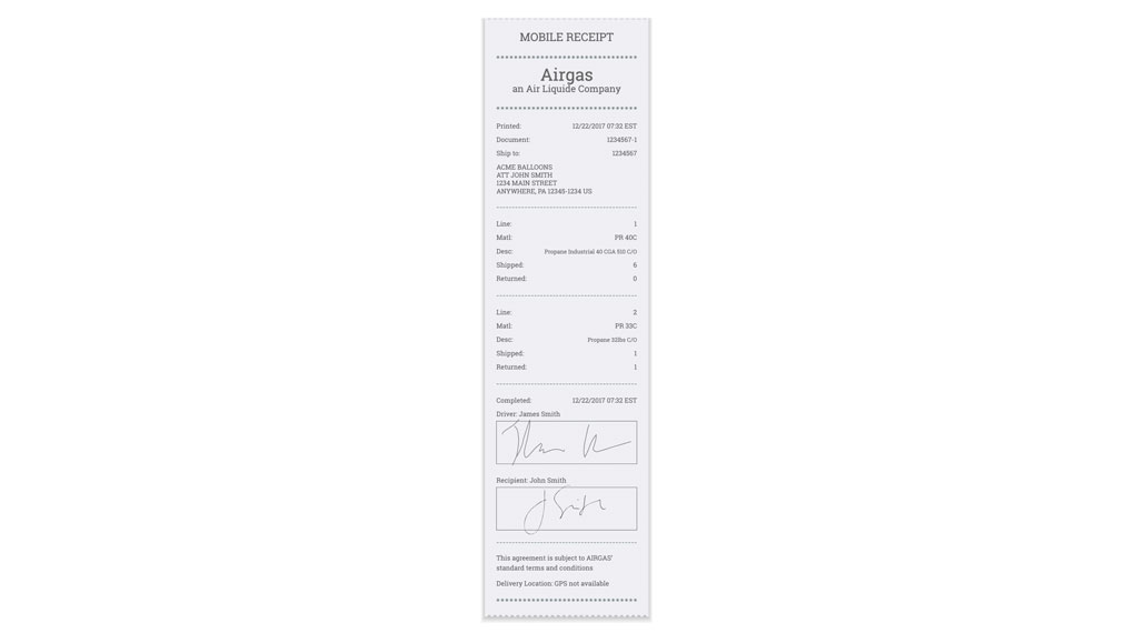 A sample PDF of the three inch roll receipt that a customer receives from an Airgas delivery driver