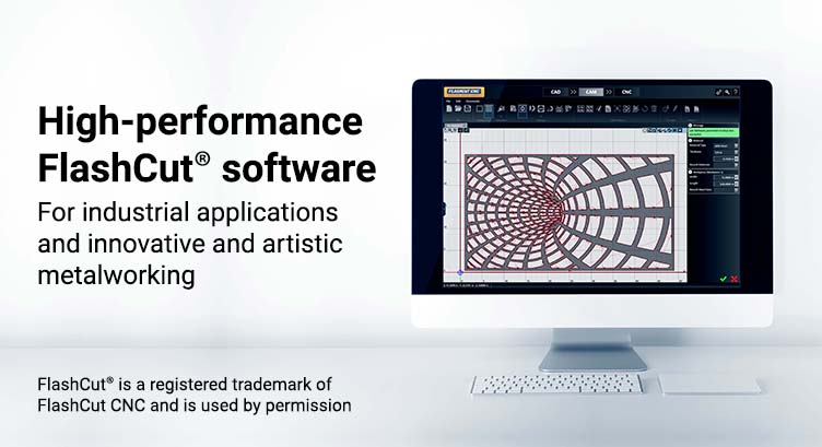 Computer screen shows a FlashCut Software CGI red and black spiral illustration and caption about high performance software