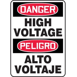 Accuform Signs® 14" X 10" Black/Red/White Adhesive Dura-Vinyl™ Bilingual/Safety Sign "DANGER HIGH VOLTAGE PELIGRO ALTO VOLTAJE"