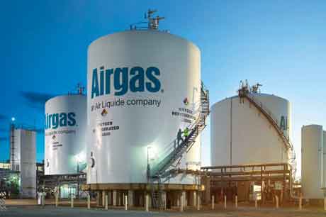 Several on-site bulk tanks, part of an Airgas air separation unit, are an example of the Airgas' multiple supply modes for gases via a robust supply chain and large US footprint.
