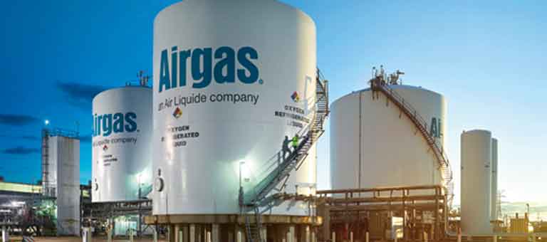 Several on-site bulk tanks, part of an Airgas air separation unit, are an example of the Airgas' multiple supply modes for gases via a robust supply chain and large US footprint.