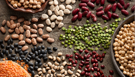 A photo of colorful plant-based protein alternatives on a table such as beans, peas, chickpeas, lentils & others.
