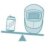Illustration of balance scale with a soda can on one half and welding helmet on the other. They are nearly the same weight.