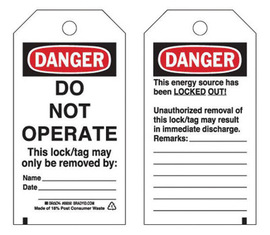 Brady® 5 3/4" X 3" Black/Red/White Heavy-Duty Polyester Tag (25 Per Pack) "DO NOT OPERATE. THIS LOCK/TAG MAY ONLY BE REMOVED BY___NAME_____. DATE_____."