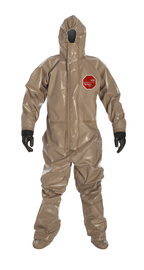 DuPont™ Large Tan Tychem® 5000 18 mil Chemical Protective Coveralls (With Respirator Fitting Hood, Attached Socks And Gloves)