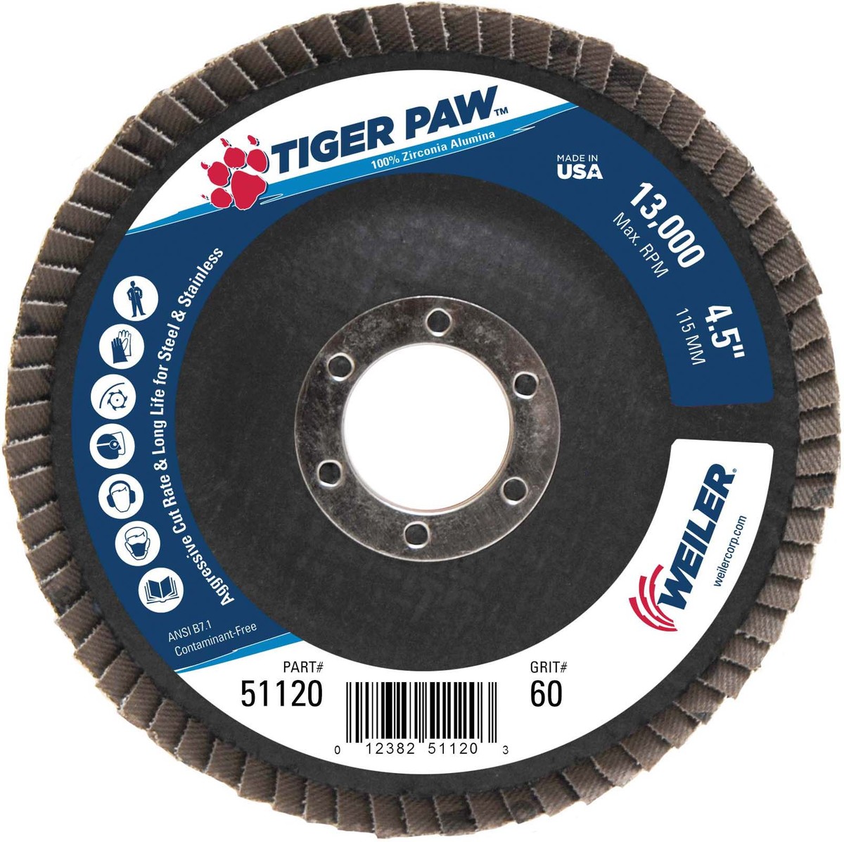 13000 rpm Pack of 10 60 Grit 7/8 4 1/2 Weiler 804-50003 Tiger Trimmable Zirconia Alumina Type 29 Angled Flap Disc 