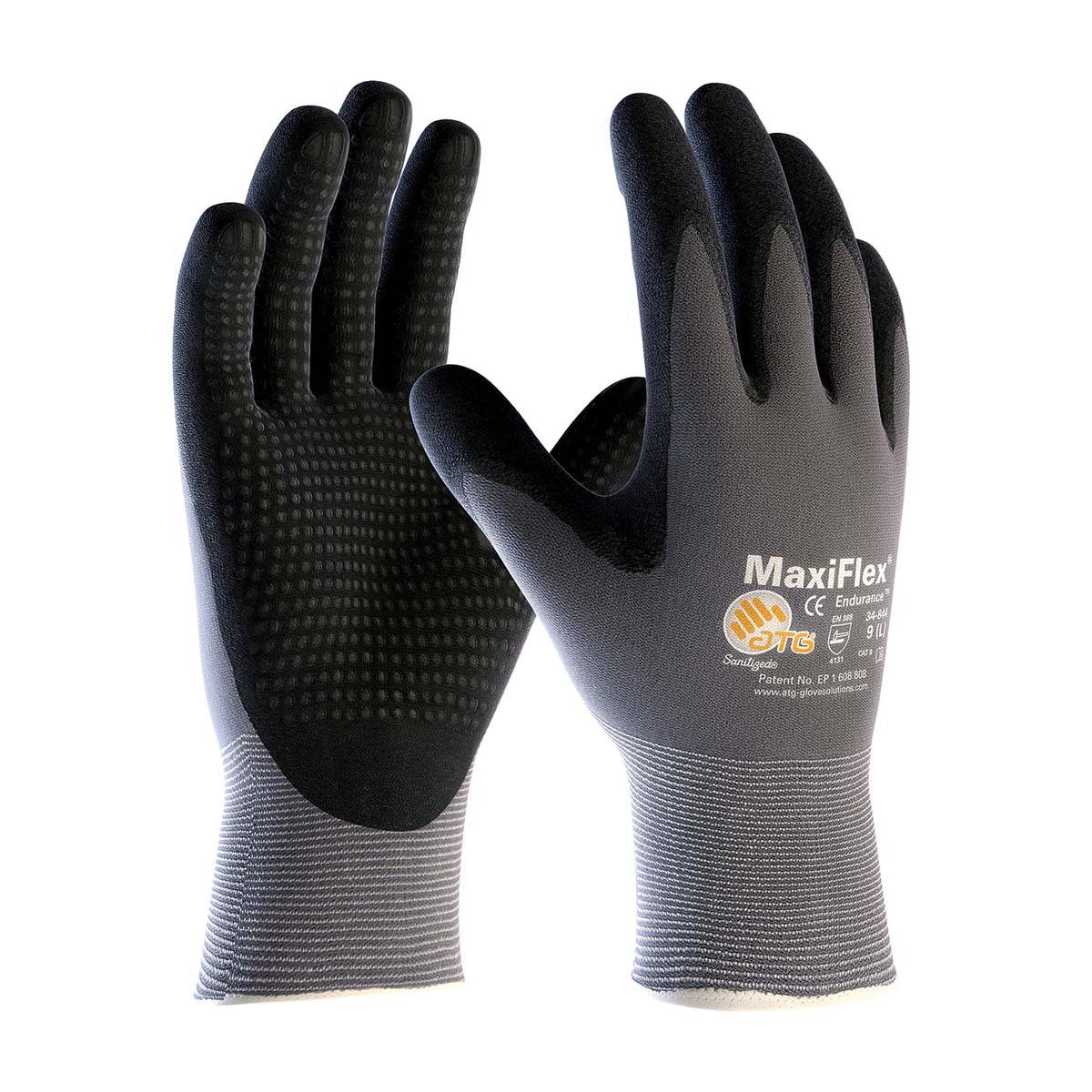 Airgas - PIP34-844/XL - Protective Industrial Products X-Large MaxiFlex®  Endurance by ATG® 15 Gauge Black And Microdot Nitrile Palm And Finger  Coated Work Gloves With Gray Nylon And Lycra® Liner And Continuous