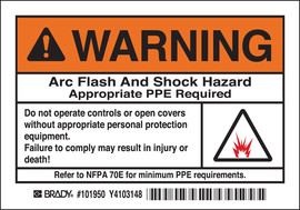 Brady® 3.5" X 5" Black/Orange/White Permanent Acrylic Polyester Label (5 Per Pack) "ARC FLASH AND SHOCK HAZARD APPROPRIATE PPE REQUIRED DO NOT OPERATE CONTROLS OR OPEN COVERS WITHOUT APPROPRIATE PERSONAL PROTECTION EQUIPMENT. FAILURE TO COMPLY…"