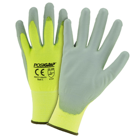 Protective Industrial Products X-Large G-Tek® PosiGrip® 13 Gauge Gray Polyurethane Palm And Finger Coated Work Gloves With Hi-Viz Yellow Polyester And Spandex Liner And Knit Wrist