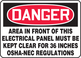 Accuform Signs® 7" X 10" Red/Black/White Plastic Safety Sign "DANGER AREA IN FRONT OF THIS ELECTRICAL PANEL MUST BE KEPT CLEAR FOR 36 INCHES OSHA-NEC REGULATIONS"