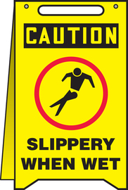 Accuform Signs® 20" X 12" Red/Black/Yellow Plastic Fold-Ups® Floor Sign "CAUTION SLIPPERY WHEN WET"
