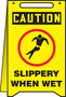 Accuform Signs® 20" X 12" Red/Black/Yellow Plastic Fold-Ups® Floor Sign "CAUTION SLIPPERY WHEN WET"