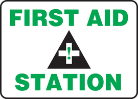 Accuform Signs® 7" X 10" White/Green/Black Adhesive Vinyl Safety Sign "FIRST AID STATION"