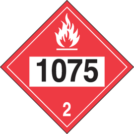 Accuform Signs® 10 3/4" X 10 3/4" Black/Red/White Adhesive Vinyl DOT Placard "1075 (LIQUEFIED PETROLEUM GAS) HAZARD CLASS 2 (WITH GRAPHIC)"