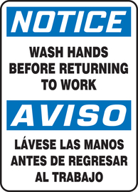 Accuform Signs® 14" X 10" White/Blue/Black Plastic Bilingual/Safety Sign "NOTICE WASH HANDS BEFORE RETURNING TO WORK AVISO LAVESE LAS MANOS ANTES DE REGRESAR AL TRABAJO"