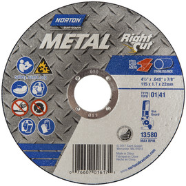 Norton® 4 1/2" X .040" X 7/8" Metal RightCut® Medium Grit Aluminum Oxide Portable Type 01/41 Right Angle Cut Off Wheel