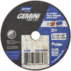 Norton® 3" X 1/16" X 3/8" Gemini® Coarse Grit Aluminum Oxide Portable Type 01/41 Small Diameter Cut Off Wheel