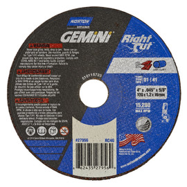 Norton® 4" X .045" X 5/8" Gemini®/RightCut® Coarse Grit Aluminum Oxide Portable Type 01/41 Right Angle Cut Off Wheel