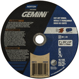 Norton® 6" X .040" X 5/8" Gemini® Medium Grit Aluminum Oxide Portable Type 01/41 Circular Saw Cut Off Wheel