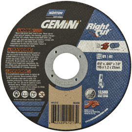 Norton® 4 1/2" X .045" X 7/8" Gemini®/RightCut® Coarse Grit Aluminum Oxide Portable Type 01/41 Right Angle Cut Off Wheel