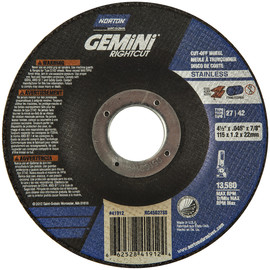 Norton® 4 1/2" X .045" X 7/8" Gemini®/RightCut® INOX/SS Extra Coarse Grit Aluminum Oxide Type 27/42 Depressed Center Cutting Wheel