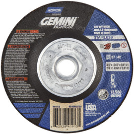 Norton® 4 1/2" X .045" X 5/8" - 11 Gemini®/RightCut® INOX/SS Extra Coarse Grit Aluminum Oxide Type 27/42 Depressed Center Cutting Wheel