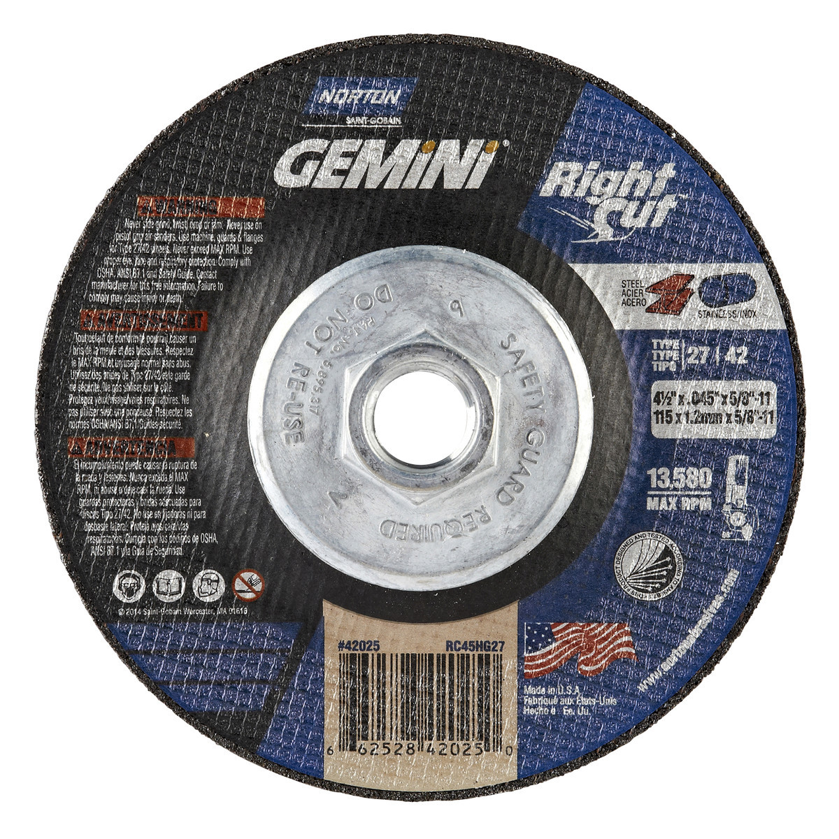 Gemini Depress Center Wheels 25 pack Norton 66252842039 5x1/4x7/8 in Alum Type 27 46 Grit Oxide 