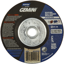 Norton® 4 1/2" X 3/32" X 5/8" - 11 Gemini® INOX/SS Extra Coarse Grit Aluminum Oxide Type 27/42 Depressed Center Cutting Wheel