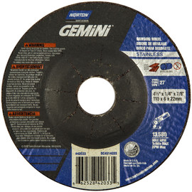 Norton® 4 1/2" X 1/4" X 7/8" Gemini® INOX/SS Extra Coarse Grit Aluminum Oxide Type 27 Depressed Center Grinding Wheel