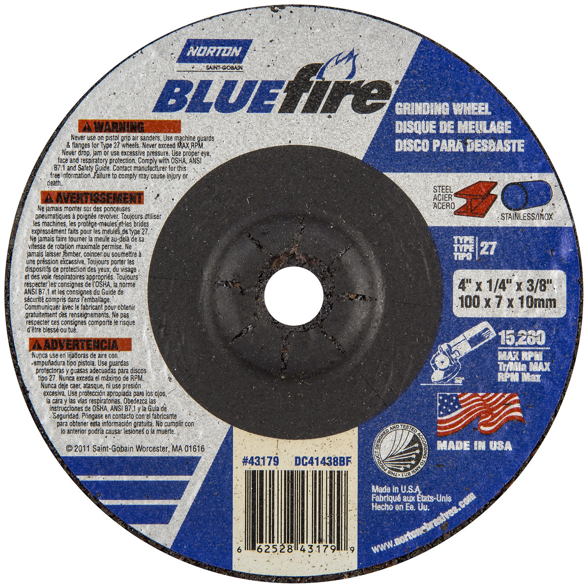 NORTON Bluefire Grinder Wheel Type 27 Depressed Center Wheel 7" 1/4 T,5/8"-11