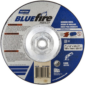 Norton® 7" X 1/4" X 5/8" - 11 BlueFire® INOX/SS Extra Coarse Grit Zirconia Alumina Type 27 Depressed Center Grinding Wheel